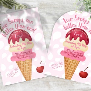 Twee bolletjes zijn beter dan één, Twin Girls Ice Cream Birthday Party Uitnodiging INSTANT DOWNLOAD Hier is de Scoop Party Uitnodiging Canva-sjabloon
