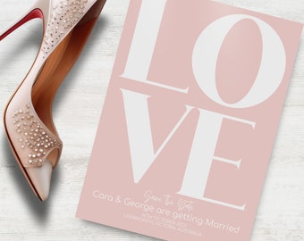 Puede incluir: Una tarjeta de guardar la fecha rosa con la palabra "LOVE" en letras blancas grandes. El texto "Save the Date" está escrito en cursiva con los nombres "Cara & George" y la fecha "16th October 2023". El texto "are getting married" está escrito debajo de la fecha. La ubicación "LEARMONTH, VICTORIA, AUSTRALIA" está escrita debajo del texto.