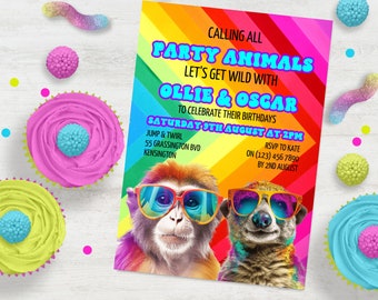 May include: A colorful party invitation with a rainbow background and two animals wearing sunglasses. The text reads "Calling all Party Animals Let's get wild with Ollie & Oscar to celebrate their birthdays Saturday 9th August at 2pm Jump & Twirl 55 Grassington Bvd Kensington RSVP to Kate on (123) 456 7890 by 2nd August".