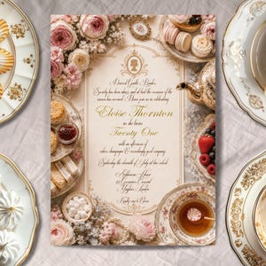 May include: A rectangular invitation card with gold ornate borders and a silhouette icon, featuring text announcing Eloise Thornton's twenty-first birthday. The card is surrounded by plates of madeleines, meringues, a slice of cake, tea, and flowers.