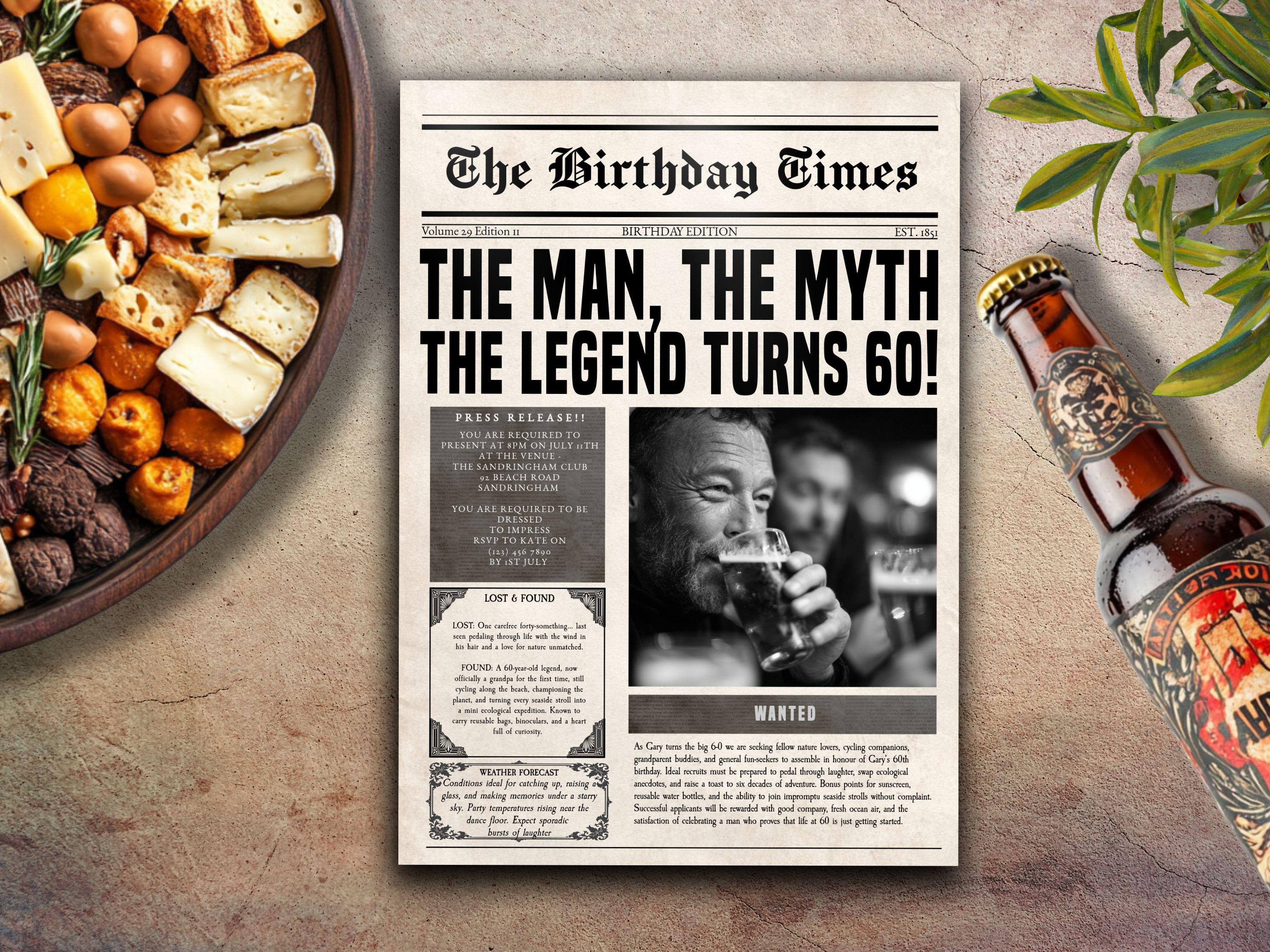 Mens 60th Birthday Invitation, INSTANT DOWNLOAD 60th, Newspaper