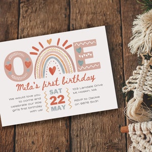 Boho 1st Birthday Girl Rainbow Invitation INSTANT DOWNLOAD  first birthday editable template invite party