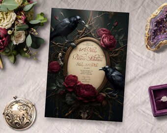 Gothic 40th Birthday Invite, INSTANT DOWNLOAD, Goth Invitation, Ravens, Roses, Thorns, Black 40th party, Dark fairytale, Victorian Gothic,