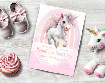 Girls First Birthday Invitation Template Unicorn, INSTANT DOWNLOAD, Girl 1st birthday, she's turning one, Unicorn 1st party invite