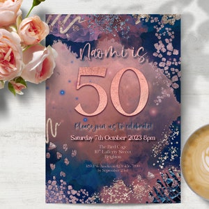 50th Birthday Party Invitation Rose Gold, INSTANT DOWNLOAD, Rose Gold Navy Invite, Ladies Fiftieth, Surprise party invite, Rose Gold, Blush