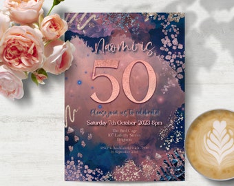 50th Birthday Party Invitation Rose Gold, INSTANT DOWNLOAD, Rose Gold Navy Invite, Ladies Fiftieth, Surprise party invite, Rose Gold, Blush