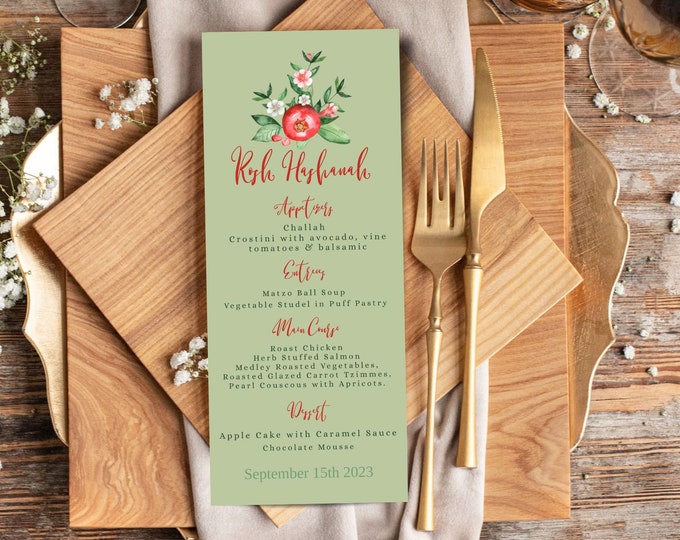Rosh Hashanah Pomegranate Menu Template. Jewish High Holiday Menu ...