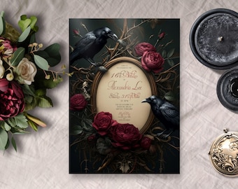Red Roses and Black Romantic 16th Invitation, INSTANT DOWNLOAD, Gothic Floral Invite, Dark Fantasy, Elegant Moody, Ravens & Roses, sweet 16