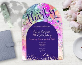 Rose Gold thirtieth invitation, INSTANT DOWNLOAD, rose gold rainbow, Modern 30th invite, female birthday, ladies 30th, she's turning 30