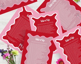 Bachelorette Drinking Game, INSTANT DOWNLOAD,  Editable, Pink Red Hens Drinking Game, Printable, Pink Wavy Drinking Game, bridal game,