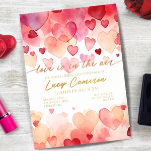 Valentines bridal shower invitation, INSTANT DOWNLOAD, hearts bridal shower invite, love is in the air, Watercolor hearts, Valentine invite