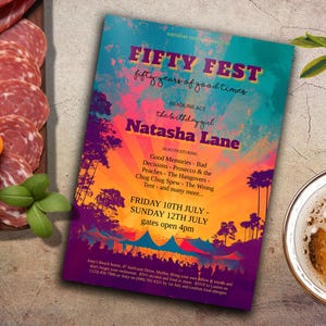 May include: A colorful invitation for a 50th birthday party with a sunset and palm tree background. The invitation reads "Fifty Fest, fifty years of good times" and features the birthday girl's name, Natasha Lane. The party is scheduled for Friday, July 10th and Sunday, July 12th, with gates opening at 4pm.