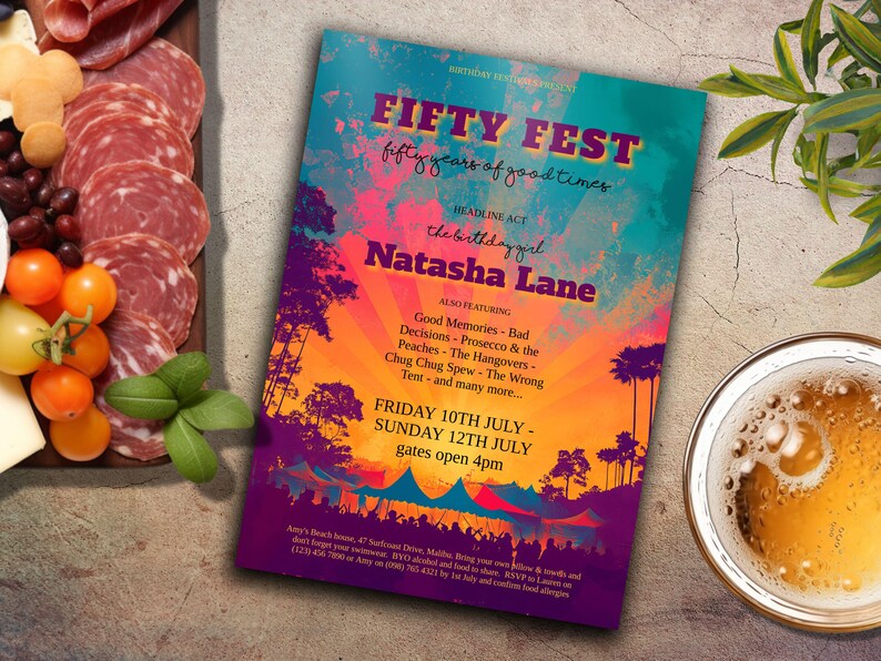 May include: A colorful invitation for a 50th birthday party with a sunset and palm tree background. The invitation reads "Fifty Fest, fifty years of good times" and features the birthday girl's name, Natasha Lane. The party is scheduled for Friday, July 10th and Sunday, July 12th, with gates opening at 4pm.