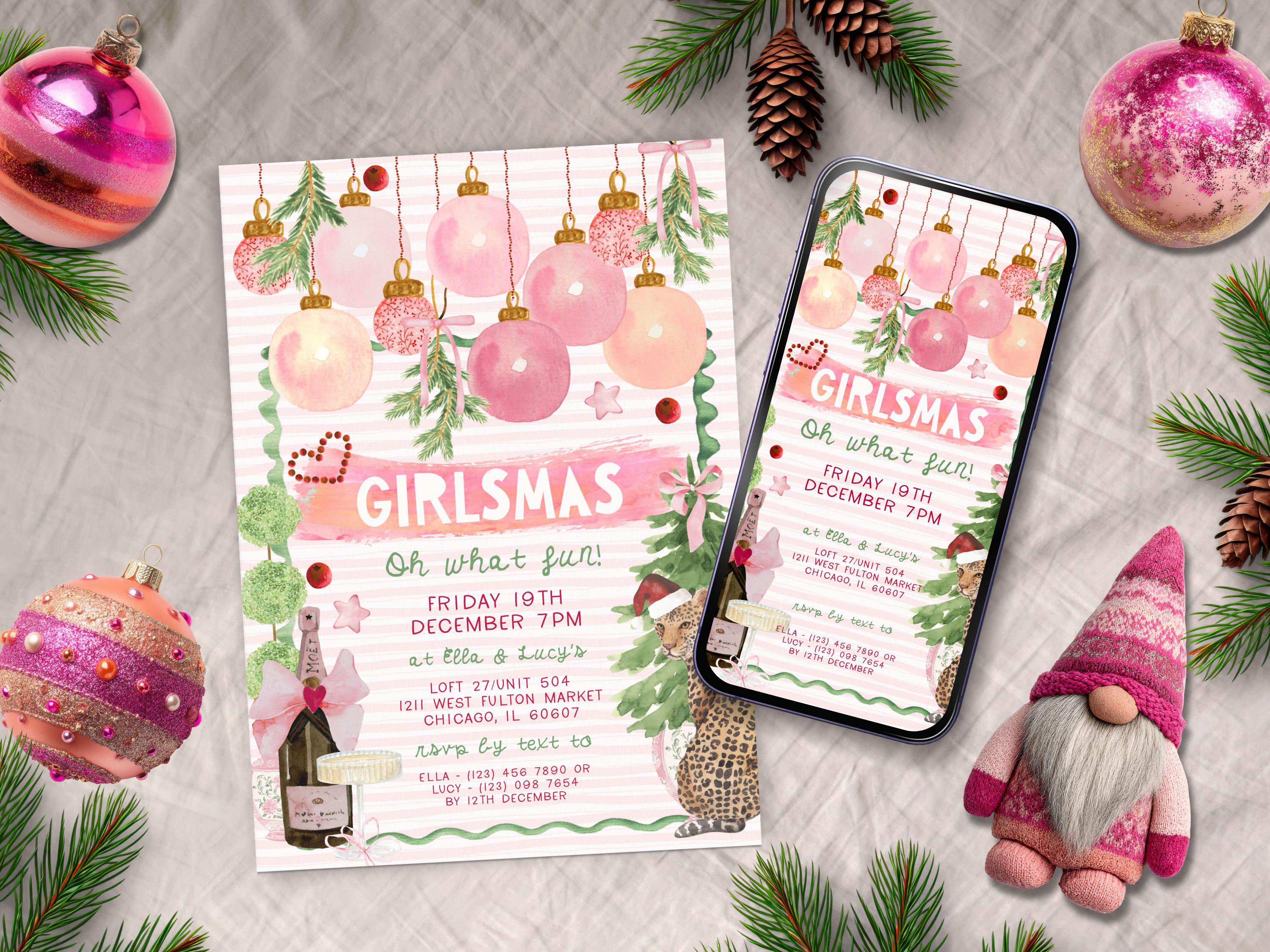 Girlsmas Invitation, INSTANT DOWNLOAD, Oh What Fun Christmas Invite, Pink evite, Girls Night, Whimsical Hand Drawn Holiday Party Invite