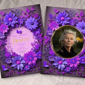 Faire-part 80e anniversaire pour femme, TÉLÉCHARGEMENT IMMÉDIAT, invitation violet et or, floral, invitation 80e anniversaire, invitation photo, recto-verso