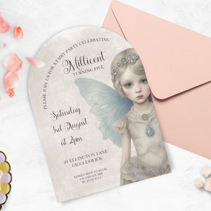 Whimsical Fairy, Girl fifth birthday invitation, INSTANT DOWNLOAD canva template, beautiful old fashioned Victorian style faery, 5th party