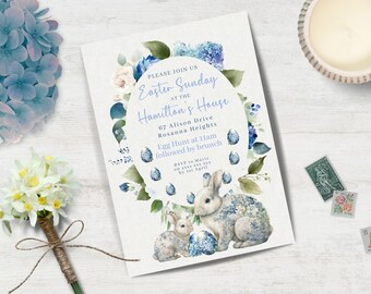 Elegant Easter Egg Hunt & Lunch invitation INSTANT DOWNLOAD blue floral, bunny rabbit brunch invite Canva Template