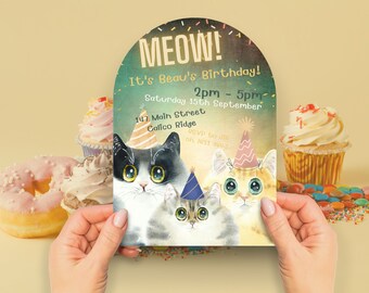 Kitty Pawty, DIREKT NEDLADDNING, pojke eller flicka, födelsedag alla åldrar födelsedagsfestinbjudan med söta katter