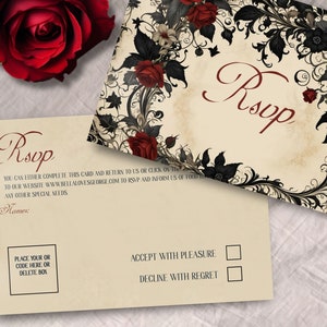 May include: A cream-colored RSVP card with a black and red floral design. The card has a section for names, a place to put a code, and two checkboxes for accepting or declining the invitation. The text on the card reads "RSVP" and "You can either complete this card and return to us or click on the to our website www.bellalovessgeorge.com to RSVP and inform us of food any other special needs".
