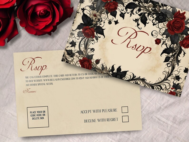 May include: A cream-colored RSVP card with a black and red floral design. The card has a section for names, a place to put a code, and two checkboxes for accepting or declining the invitation. The text on the card reads "RSVP" and "You can either complete this card and return to us or click on the to our website www.bellalovessgeorge.com to RSVP and inform us of food any other special needs".