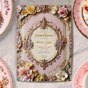 Girl 7th Birthday Invitation, INSTANT DOWNLOAD, Victorian 7th birthday invite, Whimsical invite, Gold Foil, Regency,  seventh Birthday Party