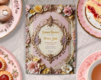 Girl 7th Birthday Invitation, INSTANT DOWNLOAD, Victorian 7th birthday invite, Whimsical invite, Gold Foil, Regency,  seventh Birthday Party