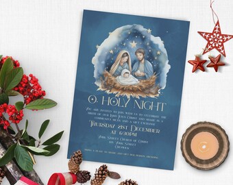 Puede incluir: Una invitación navideña azul con una ilustración de acuarela de la escena de la natividad. El texto dice "O. Holy Night" y te invita a unirte a una comida comunitaria y un intercambio de regalos el jueves 21 de diciembre a las 6:30 pm en la Iglesia Jouk Street Church of Christ.
