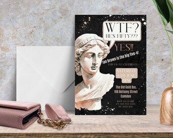 Puede incluir: Una invitación de fiesta de cumpleaños negra y dorada con un busto de mujer de mármol blanco. El texto de la invitación dice "WTF? He's Fifty??? YES!! Ian Brown is the big five-o! Join us to celebrate Saturday 6th June 8PM The Old Gold Bar 106 Bellamy Street Camden RSVP to Claire on XXX XXX XXXX by 30th May."