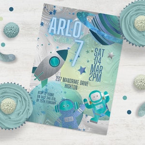Space Astronaut ANY AGE instant download in CANVA 1st, 2nd, 3rd, 4th, 5th, 6th, 7th galaxy planets, stars  birthday party