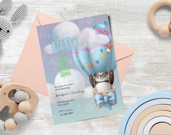 Convite para chá de bebê com balão de ar quente, oh garoto!, DOWNLOAD INSTANTÂNEO. panda, convite editável, urso e balões