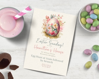 Hop on Over, Easter Egg Hunt Invitation INSTANT DOWNLOAD in Canva Easter Brunch cute vintage Invite ,edit, downloadable printable