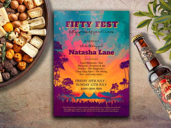 Fifty Fest Birthday Invite, INSTANT DOWNLOAD, 50th Birthday invite, music festival theme, her 50th birthday, ladies 50th birthday, evite