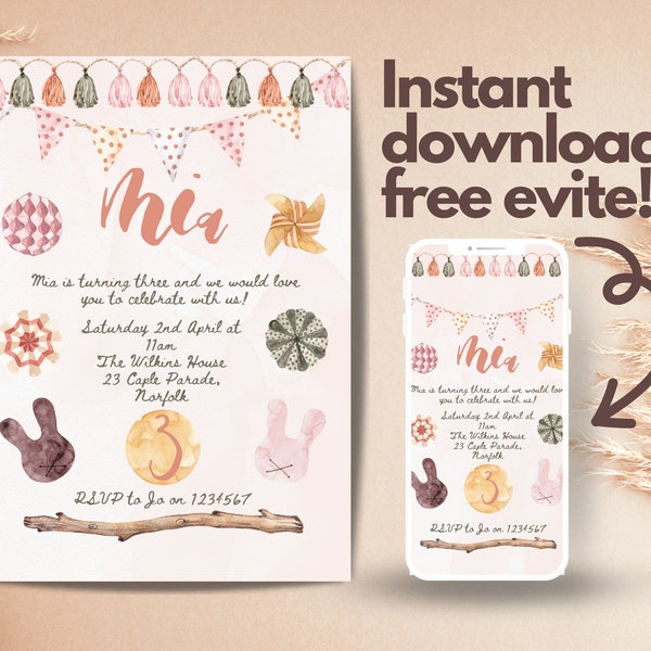Mia Boho Bunny Birthday Invitation INSTANT DOWNLOAD Fully Editable Canva Template Toddler Girl Party first Birthday Invite