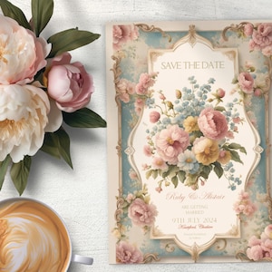 Op de afbeelding: Save the date-kaart met een bloemmotief. De kaart is versierd met roze en gele bloemen, en de tekst "Save the Date" is in goud gedrukt. De kaart bevat ook de namen "Ruby & Alistair" en de datum "9 juli 2024".