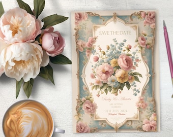 Save the Date, INSTANT DOWNLOAD, Beautiful Floral, Victorian Wedding, Regency, Classical, elegant wedding, roses, matching items available