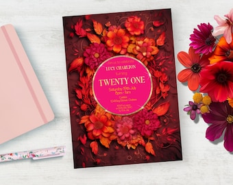 21e verjaardag uitnodiging voor feest, INSTANT DOWNLOAD, bloemen, roze, magenta, oranje, goud, twintig eerste uitnodiging, verrassingsfeest uitnodiging, 21
