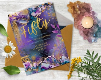 Ladies 50th Birthday Invite INSTANT DOWNLOAD Gold Purple Teal Mauve Party Invitations Surprise Cocktails Printable Editable Digital, #GPTM01