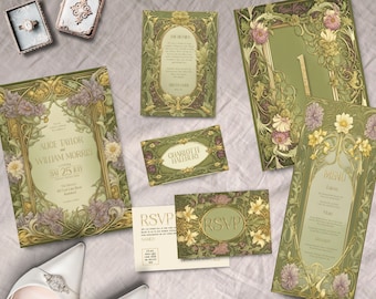 Art Nouveau Wedding Bundle, SOFORTIGER DOWNLOAD, Art Deco, viktorianisch, Hochzeitseinladung, Edwardian, William Morris, olivgrün, mauve