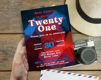 Rojo y azul Polígono Geométrico Masculino 21a Invitación DESCARGA INSTANTE Plantilla Canva vigésimo primera edad de invitación a fiesta se puede cambiar