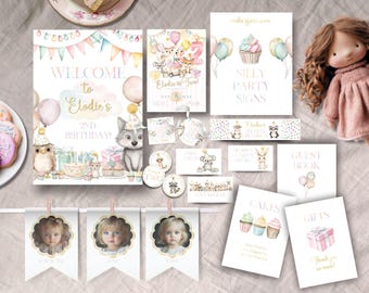 May include: A collection of party supplies for a second birthday celebration. Includes invitations, signs, banners with photos, and decorative elements with animal illustrations and the text "Elodie's 2nd Birthday". The color palette is soft pastel tones.
