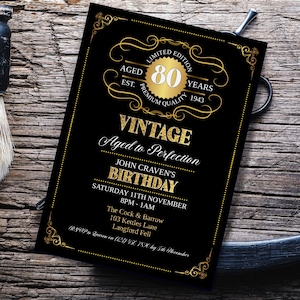Editable Aged to Perfection Birthday Invitation, INSTANT DOWNLOAD 80th, Gold, Whiskey Label Birthday Invitation, Vintage Birthday Party,