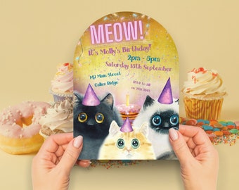 Boho Kitty Pawty DIREKT NEDLADDNING canvas, flickfödelsedag alla åldrar födelsedagsfestinbjudan med söta katter