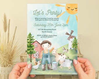 May include: A watercolor illustration of a farm scene with a boy in overalls, a cow, a sheep, a horse, a windmill, a barn, and a sun with a smiling face. The text on the invitation reads "Let's Party!" "Billy is turning 4 and he would love you to come to his party!" "Saturday 28th June 2pm" "107 Mt Browning Road" "North Clunes" "RSVP to Billy's mum Kate on 0414 545877"