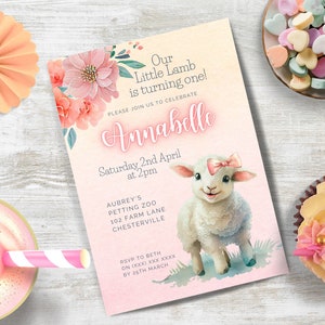 Our Little Lamb is turning One Birthday Invitation INSTANT DOWNLOAD cute lamb floral farm first birthday party invite, canva template