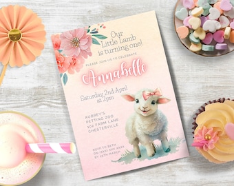 May include: Pink and white invitation with a watercolor illustration of a lamb with a pink bow. The text reads "Our Little Lamb is turning one!" and "Annabelle".