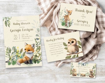 Paquete Woodland Baby Shower, DESCARGA INSTANTE, zorro, ciervo, conejito, plantilla editable de vegetación boho, baby shower con tema de bosque, #WBG01