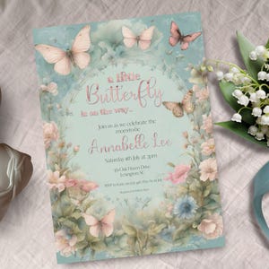Little Butterfly Baby Shower, INSTANT DOWNLOAD, Printable Invitation, Baby Girl&#39;s Blush Pink Gold invite, Butterflies Party Invitation