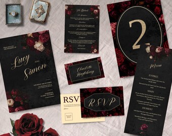 Moody Floral Wedding Bundle, INSTANT DOWNLOAD, Victorian, Dark Background, Wedding Invitation suite, Edwardian, Baroque, Roses, Peonies