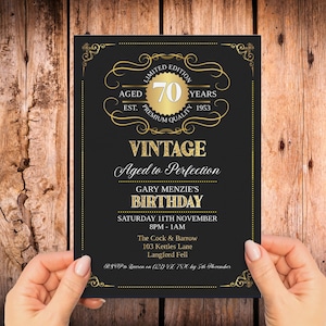 Editable Aged to Perfection Birthday Invitation, INSTANT DOWNLOAD 70th, Gold, Whiskey Label Birthday Invitation, Vintage Birthday Party,