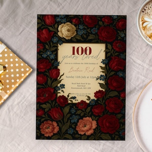 100 Years Loved Birthday Invitation, INSTANT DOWNLOAD, Editable Template, Red Rose 100th Party, Women, Elegant 100th, Invite for Her 100th